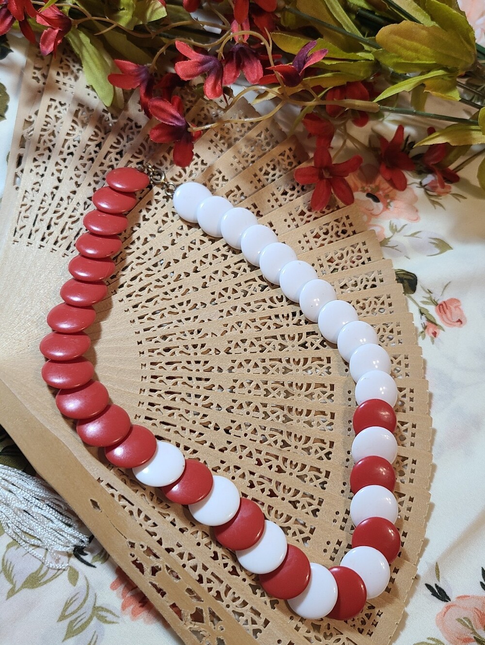 Vintage Red and White Disc Necklace